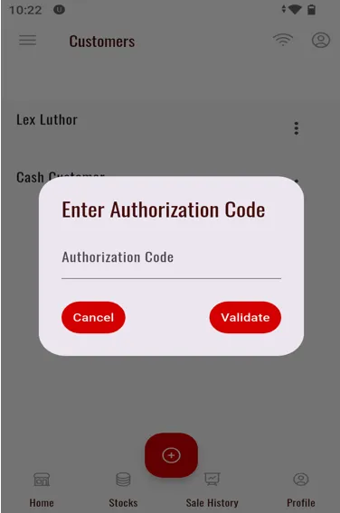 Authorization Code Validation Screen